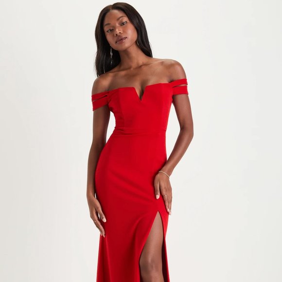 Lulu’s Red Off-The-Shoulder Formal Dress - Picture 1 of 8